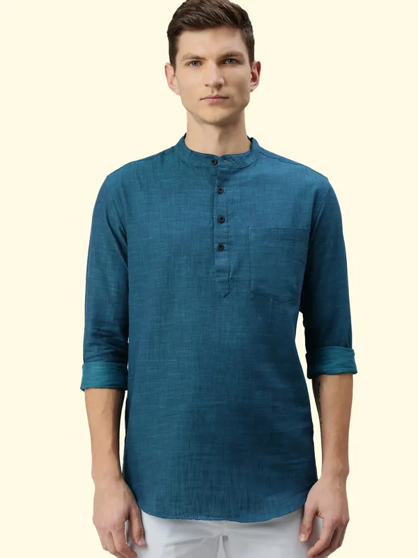 Blue_Regular_Pure_Cotton_Solid_Casual_Straight_Short_Kurta_For_Men