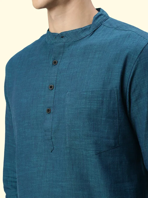 Blue_Regular_Pure_Cotton_Solid_Casual_Straight_Short_Kurta_For_Men