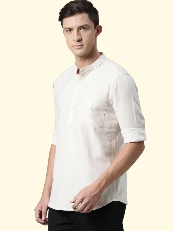 Beige_Regular_Pure_Cotton_Solid_Casual_Straight_Short_Kurta_For_Men