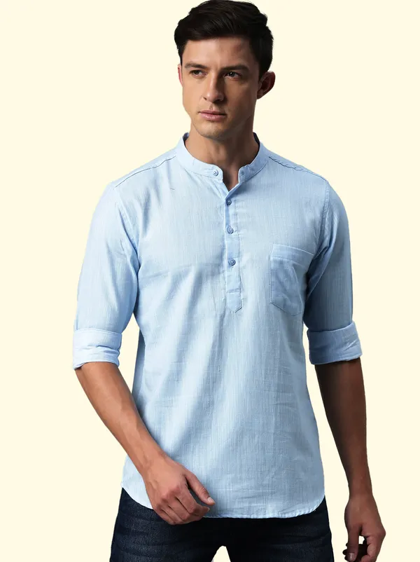 Light_Blue_Regular_Pure_Cotton_Solid_Casual_Straight_Short_Kurta_For_Men