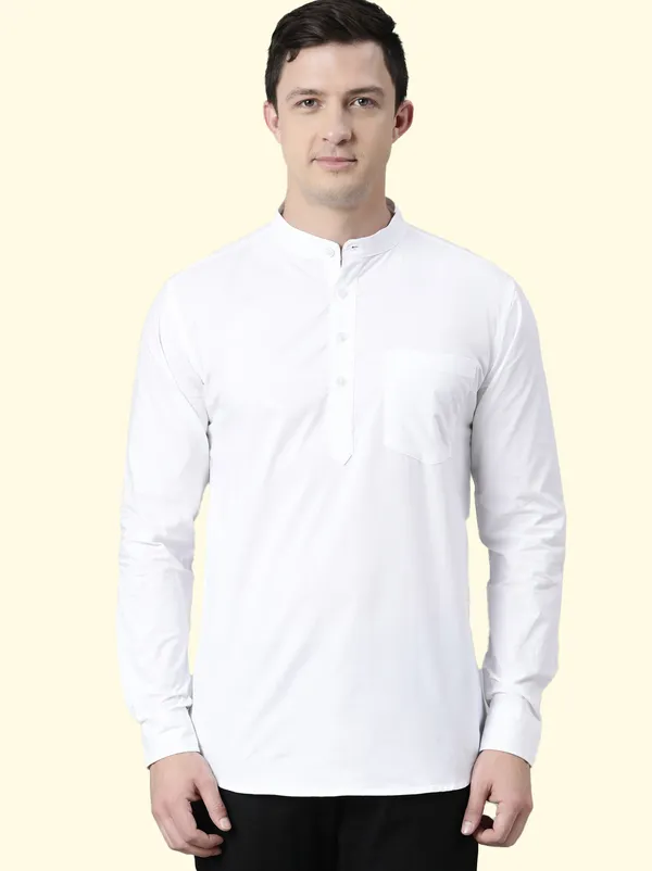 White_Regular_Pure_Cotton_Solid_Casual_Straight_Short_Kurta_For_Men