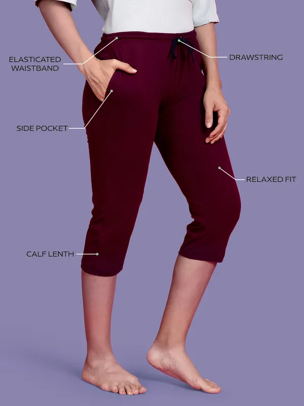 Kryptic_Solid_cotton_relaxed_fit_lounge_capri_with_side_pocket_Women_Red_Capri