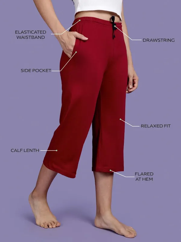 Kryptic_flare_capri_pure_cotton_solid_relaxed_fit_with_side_pocket_Women_Maroon_Capri