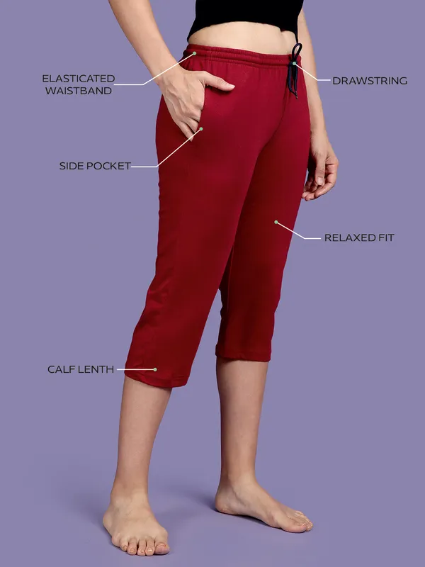 Kryptic_Solid_cotton_relaxed_fit_lounge_capri_with_side_pocket_Women_Maroon_Capri
