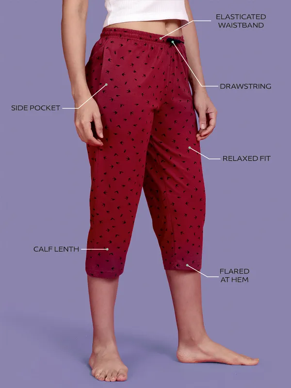 Kryptic_Printed_cotton_relaxed_fit_lounge_capri_with_side_pocket_Women_Maroon_Capri