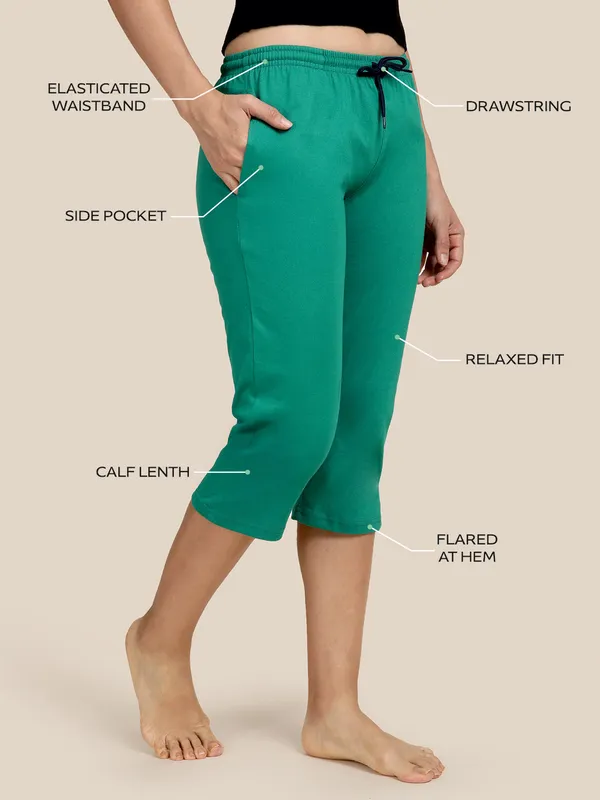 Kryptic_Solid_cotton_relaxed_fit_lounge_capri_with_side_pocket_Women_Dark_Green_Capri