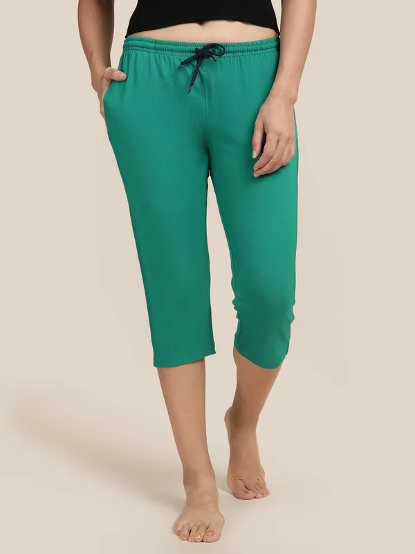 Kryptic_Solid_cotton_relaxed_fit_lounge_capri_with_side_pocket_Women_Dark_Green_Capri