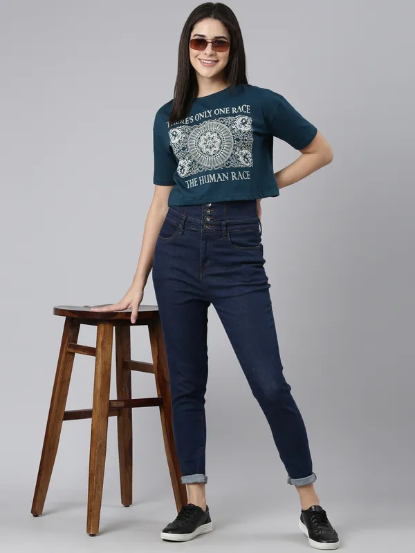 Teal_Kryptic_Typography_Printed_Drop-Shoulder_Cotton_Oversized_Crop_T-shirt