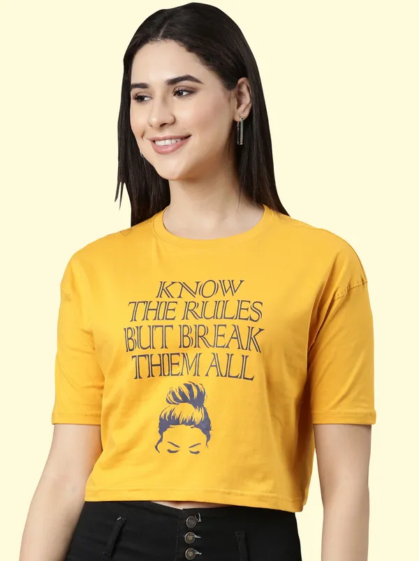 Yellow_Printed_Round_Neck_T-Shirt_For_Women