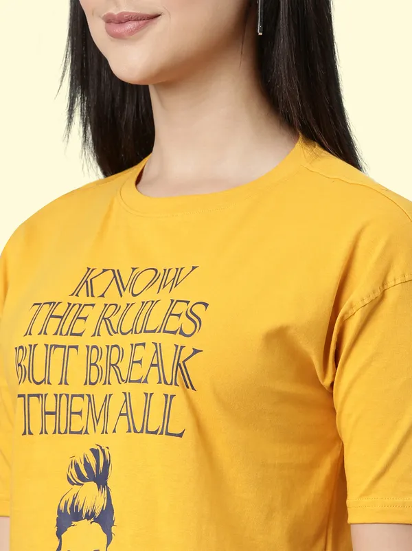 Yellow_Printed_Round_Neck_T-Shirt_For_Women