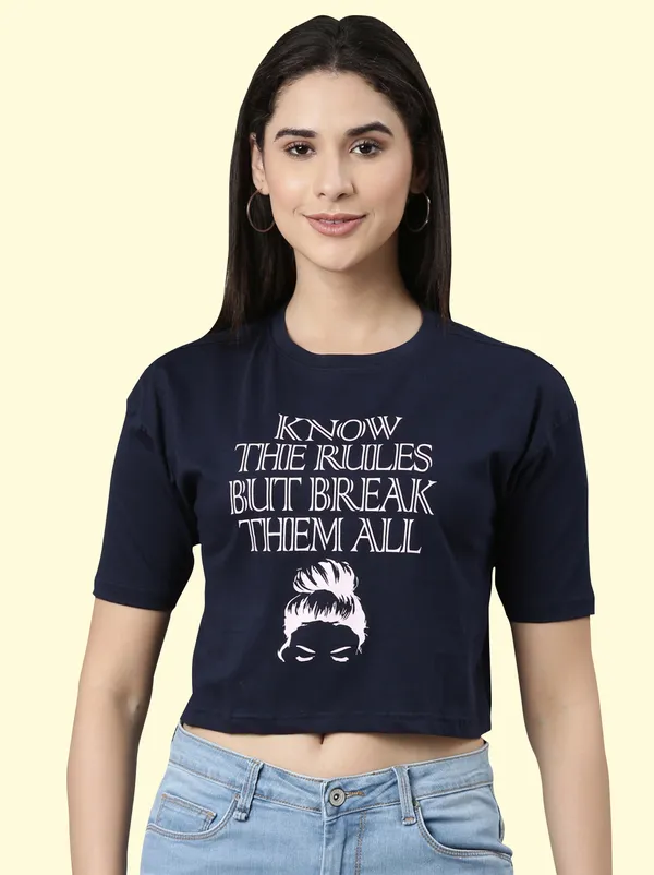 Blue_Printed_Round_Neck_T-Shirt_For_Women