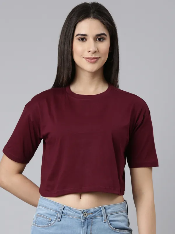 Burgundy_Kryptic_Drop-Shoulder_Sleeves_Oversized_Cropped_Pure_Cotton_T-shirt