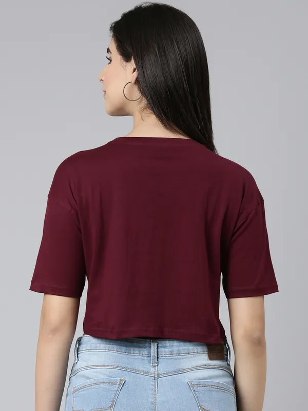 Burgundy_Kryptic_Drop-Shoulder_Sleeves_Oversized_Cropped_Pure_Cotton_T-shirt
