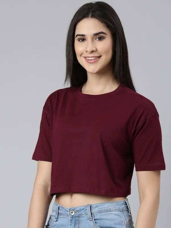 Burgundy_Kryptic_Drop-Shoulder_Sleeves_Oversized_Cropped_Pure_Cotton_T-shirt