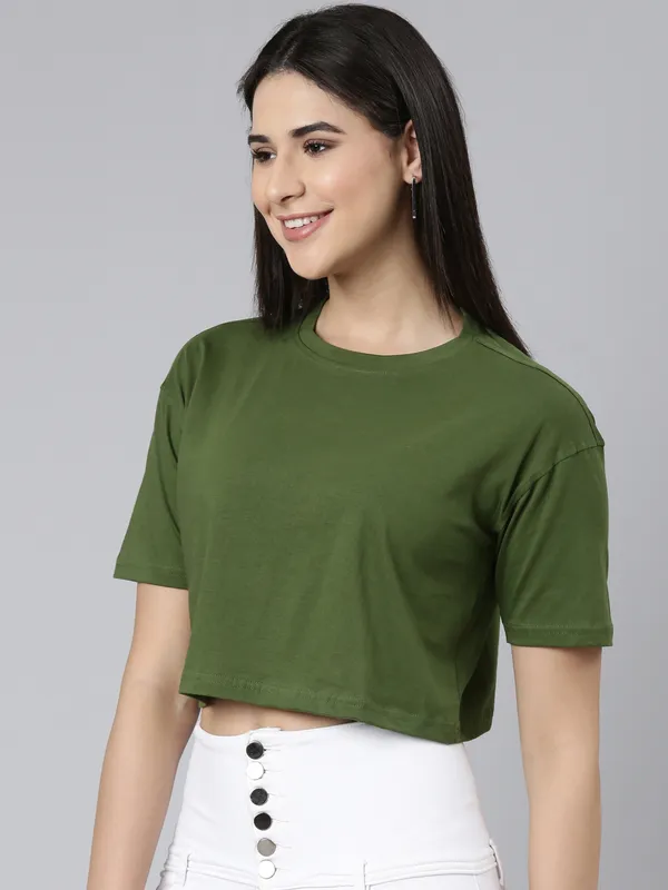 Olive_Kryptic_Women_Pure_Cotton_Solid_Drop_Shoulder_Oversized_Crop_Tshirt