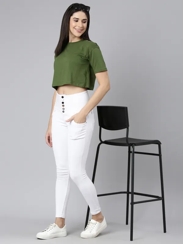 Olive_Kryptic_Women_Pure_Cotton_Solid_Drop_Shoulder_Oversized_Crop_Tshirt