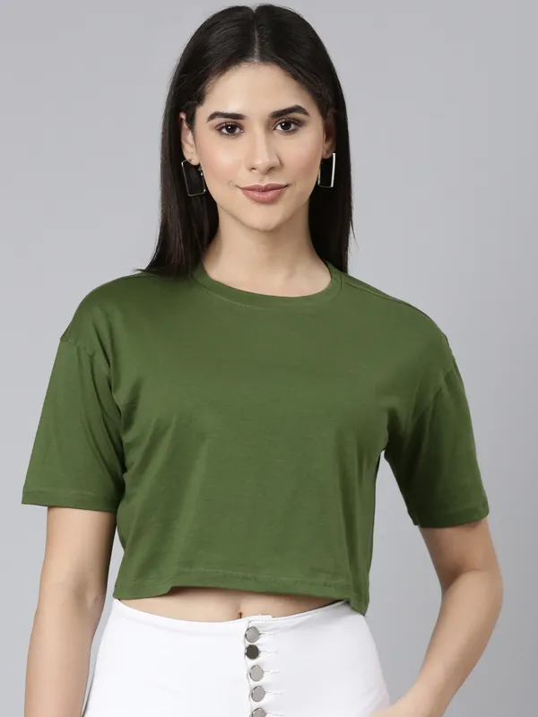 Olive_Kryptic_Women_Pure_Cotton_Solid_Drop_Shoulder_Oversized_Crop_Tshirt