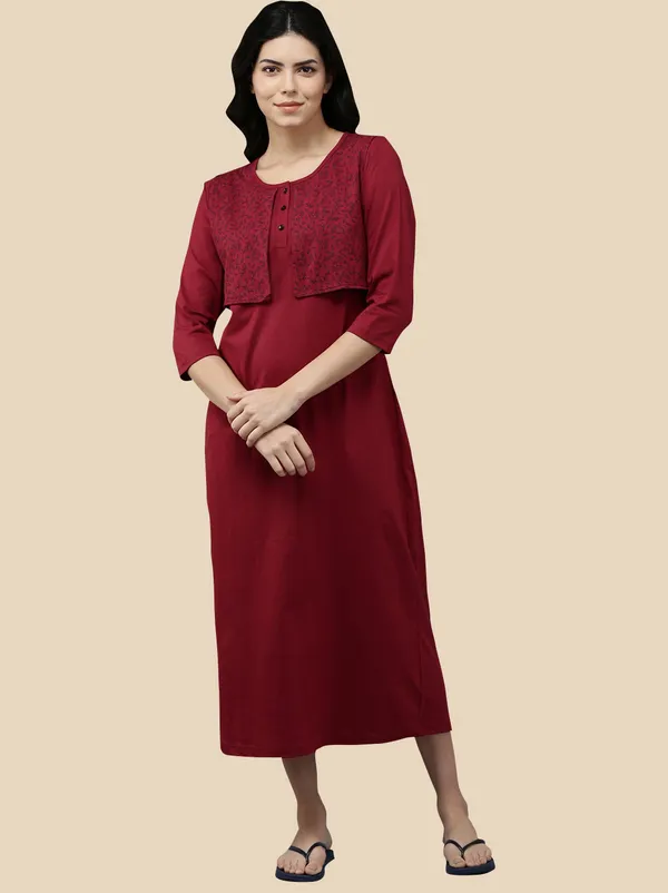 Maroon_Western_Wear_Round_Neck_Nighty_For_Women