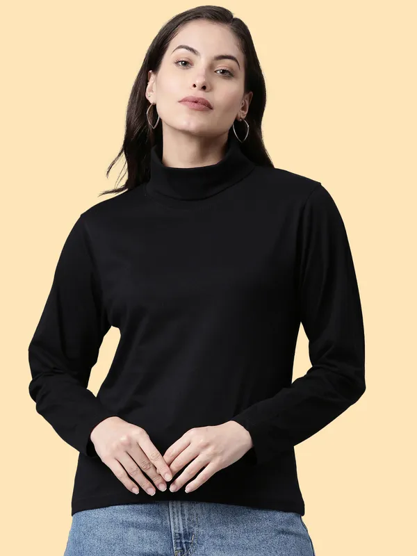 Black_Solid_High_Neck_T-Shirt_For_Women