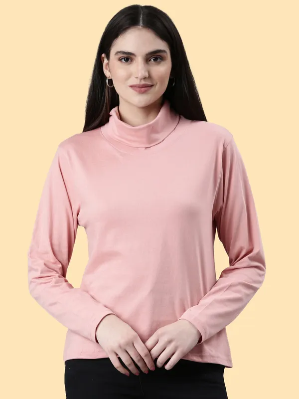 Pink_Solid_High_Neck_T-Shirt_For_Women