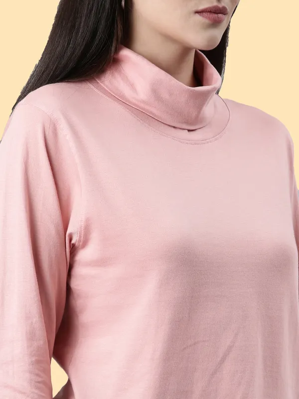 Pink_Solid_High_Neck_T-Shirt_For_Women