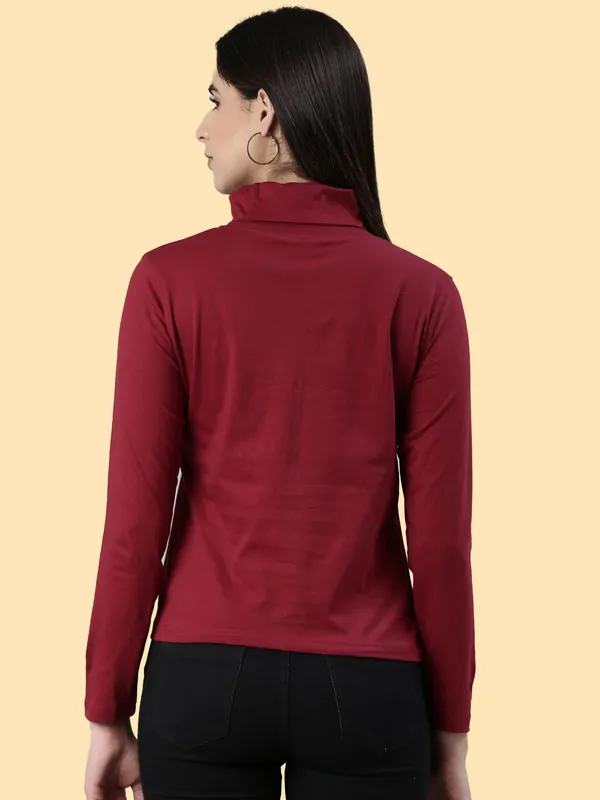Maroon_Solid_High_Neck_T-Shirt_For_Women