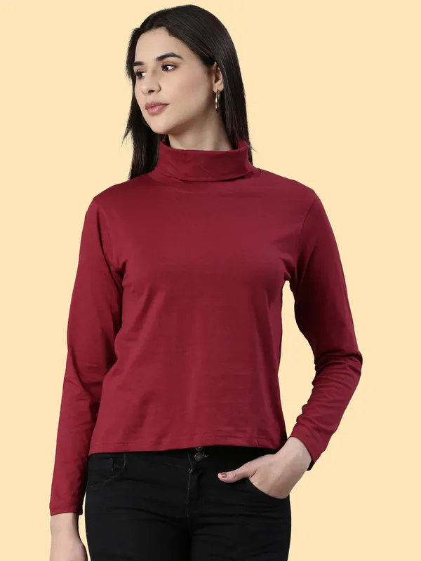 Maroon_Solid_High_Neck_T-Shirt_For_Women