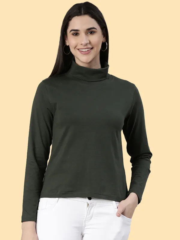Green_Solid_High_Neck_T-Shirt_For_Women