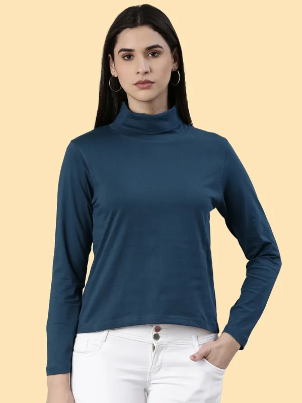Blue_Solid_High_Neck_T-Shirt_For_Women
