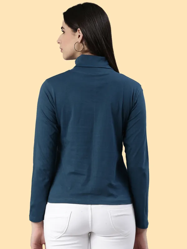 Blue_Solid_High_Neck_T-Shirt_For_Women