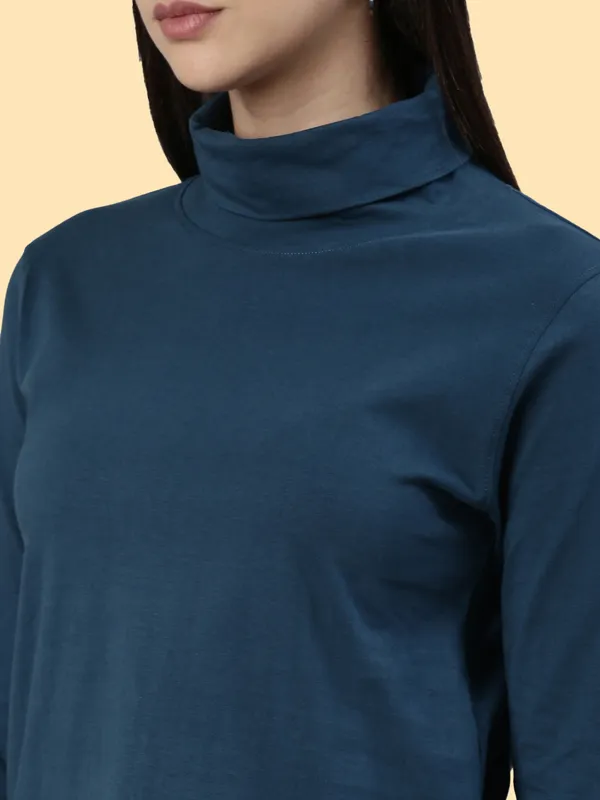 Blue_Solid_High_Neck_T-Shirt_For_Women