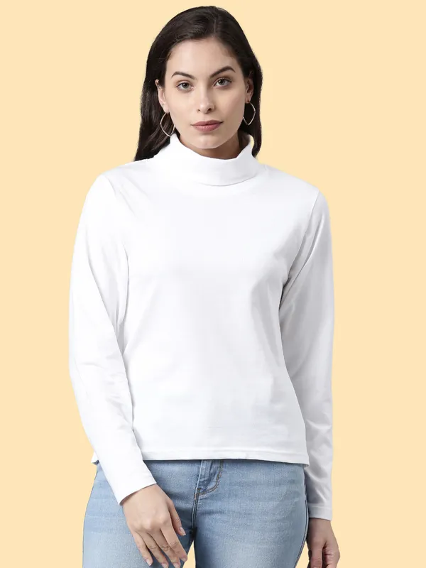 White_Solid_High_Neck_T-Shirt_For_Women