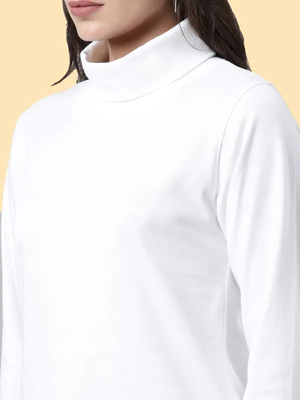 White_Solid_High_Neck_T-Shirt_For_Women