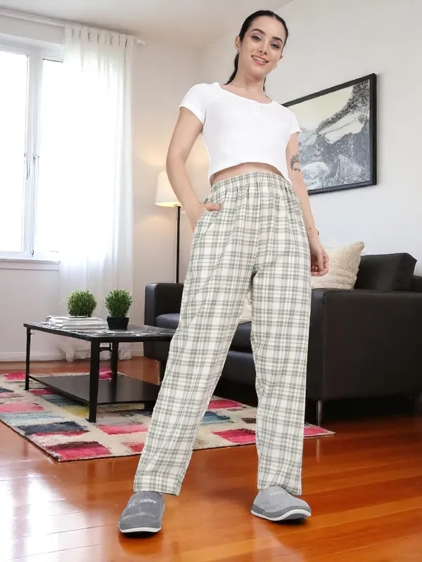 Beige___Kryptic_Women_Lounge_Pant_pure_cotton_Checked_relaxed_fit_with_side_pocket_and_adjustable_waist