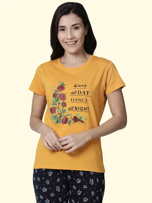Yellow_Printed_Round_Neck_T-Shirt_For_Women