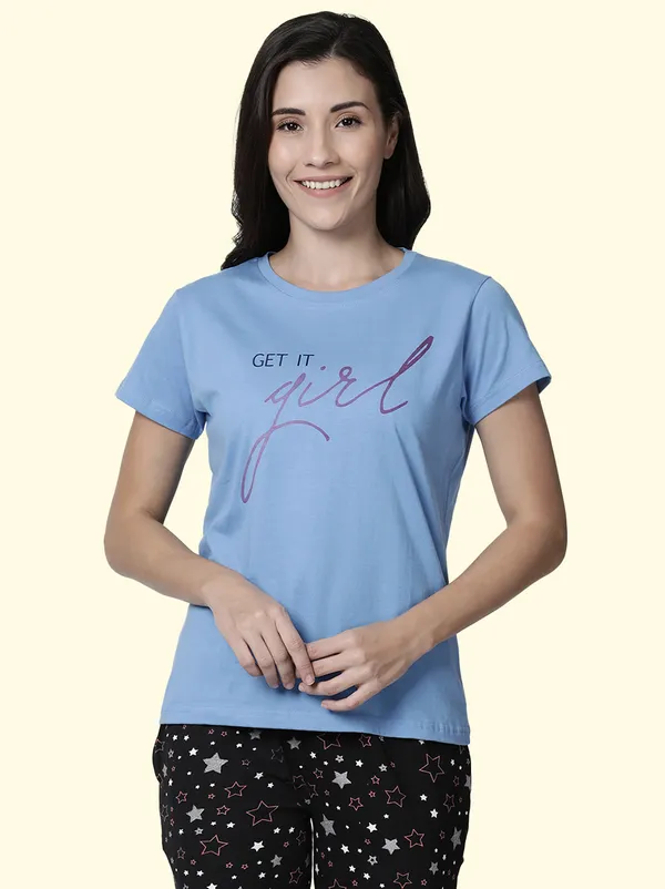 Blue_Printed_Round_Neck_T-Shirt_For_Women