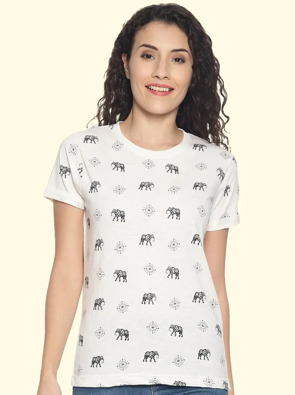 White_Printed__Round_Neck_T-Shirt_For_Women