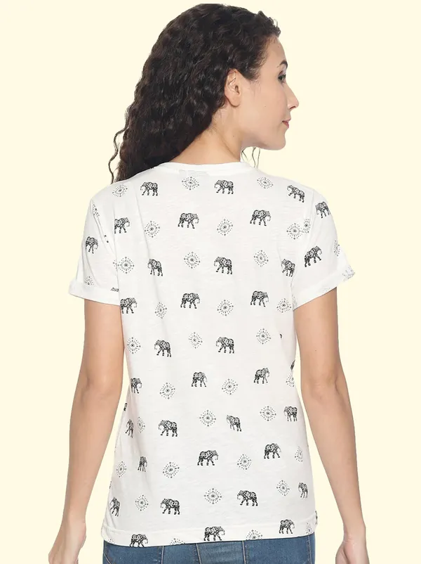White_Printed__Round_Neck_T-Shirt_For_Women