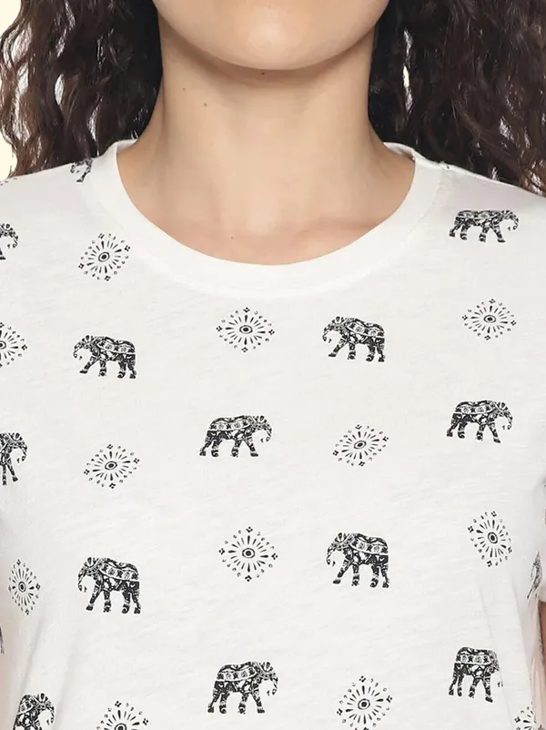 White_Printed__Round_Neck_T-Shirt_For_Women