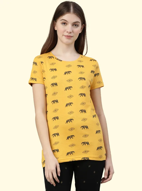 Yellow_Printed_Round_Neck_T-Shirt_For_Women
