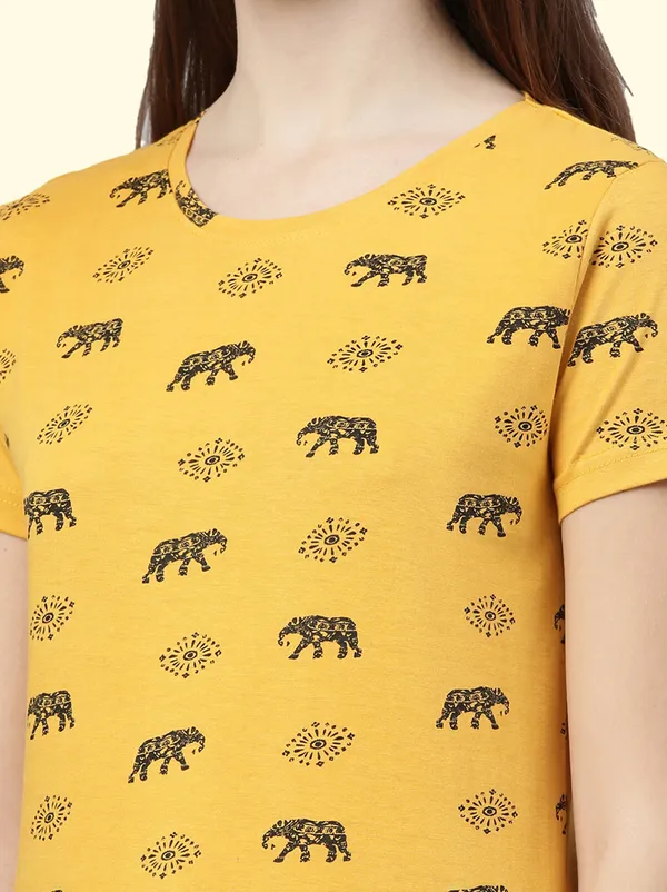 Yellow_Printed_Round_Neck_T-Shirt_For_Women