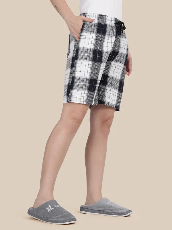 Navy_Kryptic_Women_Lounge_shorts_pure_cotton_checked_relaxed_fit_with_side_pocket_and_adjustable_waist