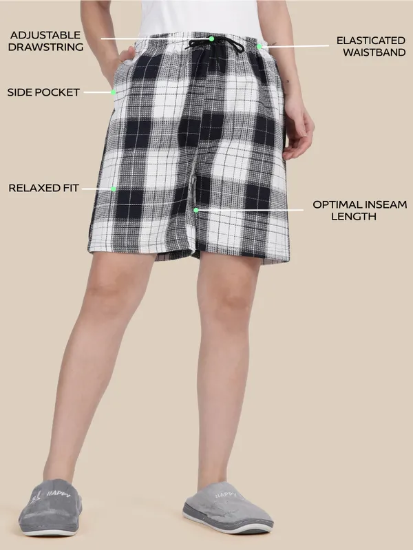 Navy_Kryptic_Women_Lounge_shorts_pure_cotton_checked_relaxed_fit_with_side_pocket_and_adjustable_waist