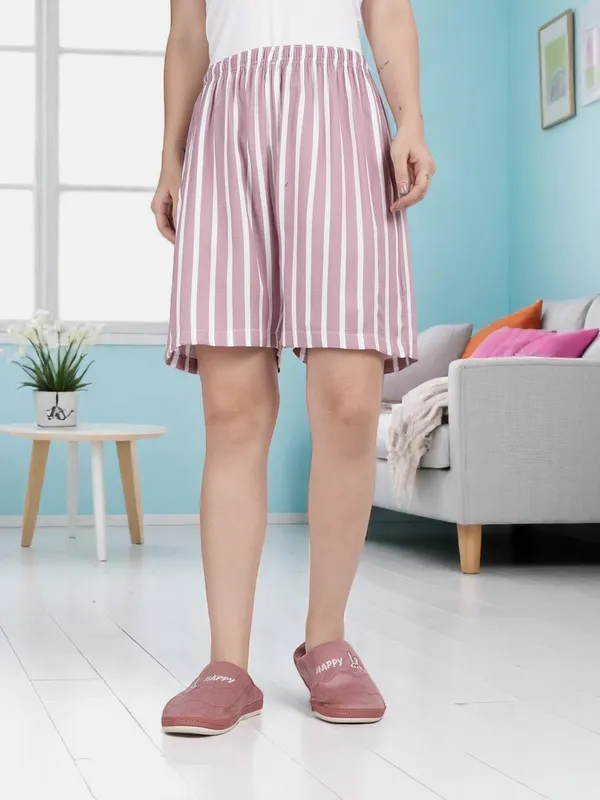 Purple_Kryptic_Women_Lounge_shorts_pure_cotton_striped_relaxed_fit_with_side_pocket_and_adjustable_waist