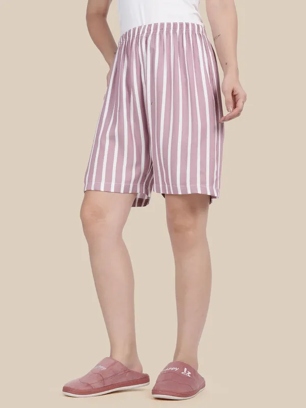 Purple_Kryptic_Women_Lounge_shorts_pure_cotton_striped_relaxed_fit_with_side_pocket_and_adjustable_waist
