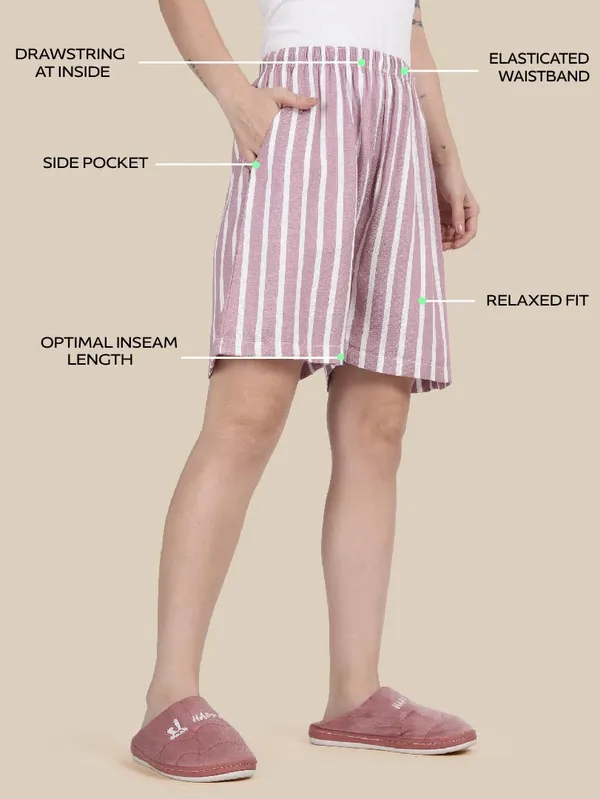 Purple_Kryptic_Women_Lounge_shorts_pure_cotton_striped_relaxed_fit_with_side_pocket_and_adjustable_waist