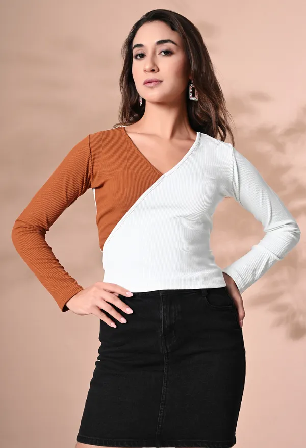 Rust_&_White_Cotton_Blend_Regular_Sleeves_V-Neck_Regular_Top_For_Women_&_Girls