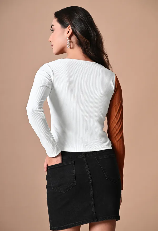 Rust_&_White_Cotton_Blend_Regular_Sleeves_V-Neck_Regular_Top_For_Women_&_Girls