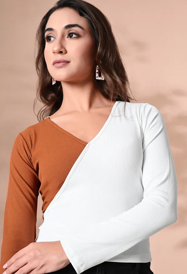 Rust_&_White_Cotton_Blend_Regular_Sleeves_V-Neck_Regular_Top_For_Women_&_Girls