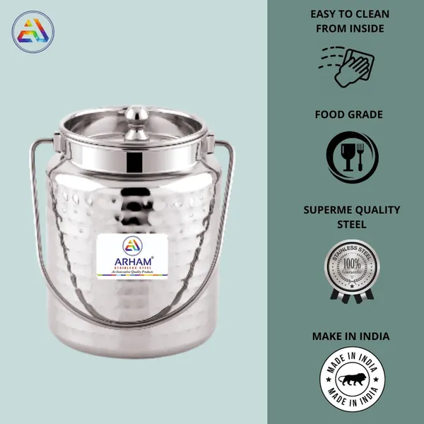 Stainless_Steel_Hammered_Barni,_Milk_Can,_Canister,_Container,_Utensils_For_Storing_Liquid_With_Inner_Lid